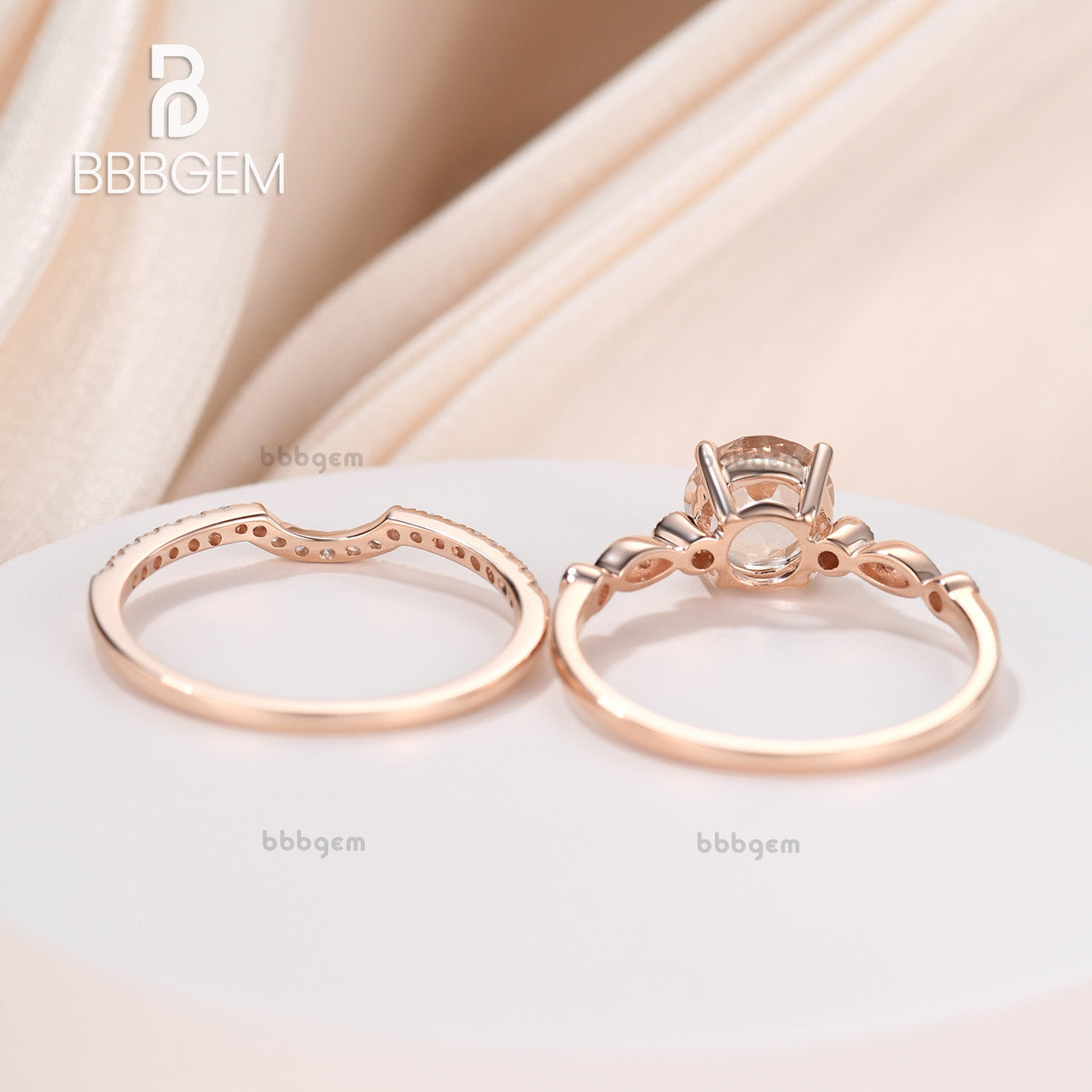 1 Carat Morganite Rose Gold Wedding Set Diamond Bridal Ring Art Deco Halo Stacking Matching Band