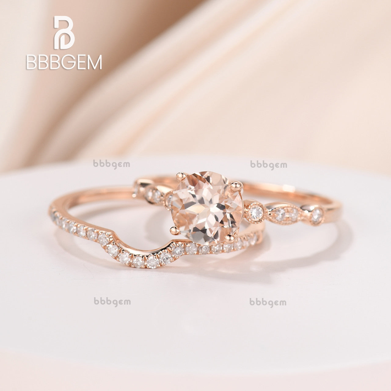 1 Carat Round Natural Morganite Ring 18K Rose Gold Plated Silver Bridal Ring Milgrain Marquise and Moissanite Ring