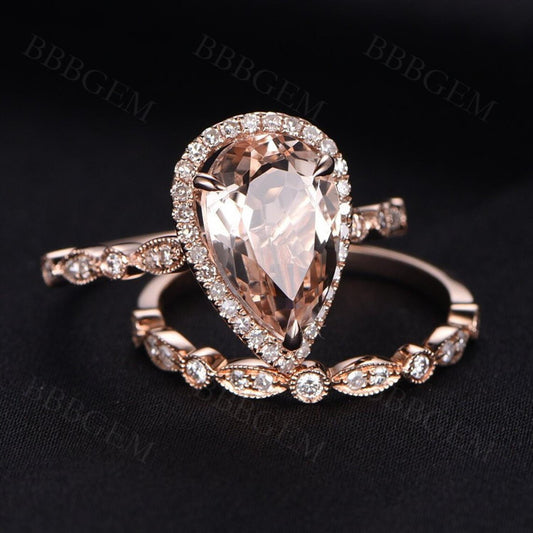 Female 8x12mm Teardrop Rose Gold Natural Morganite Ring Set With Diamond Halo