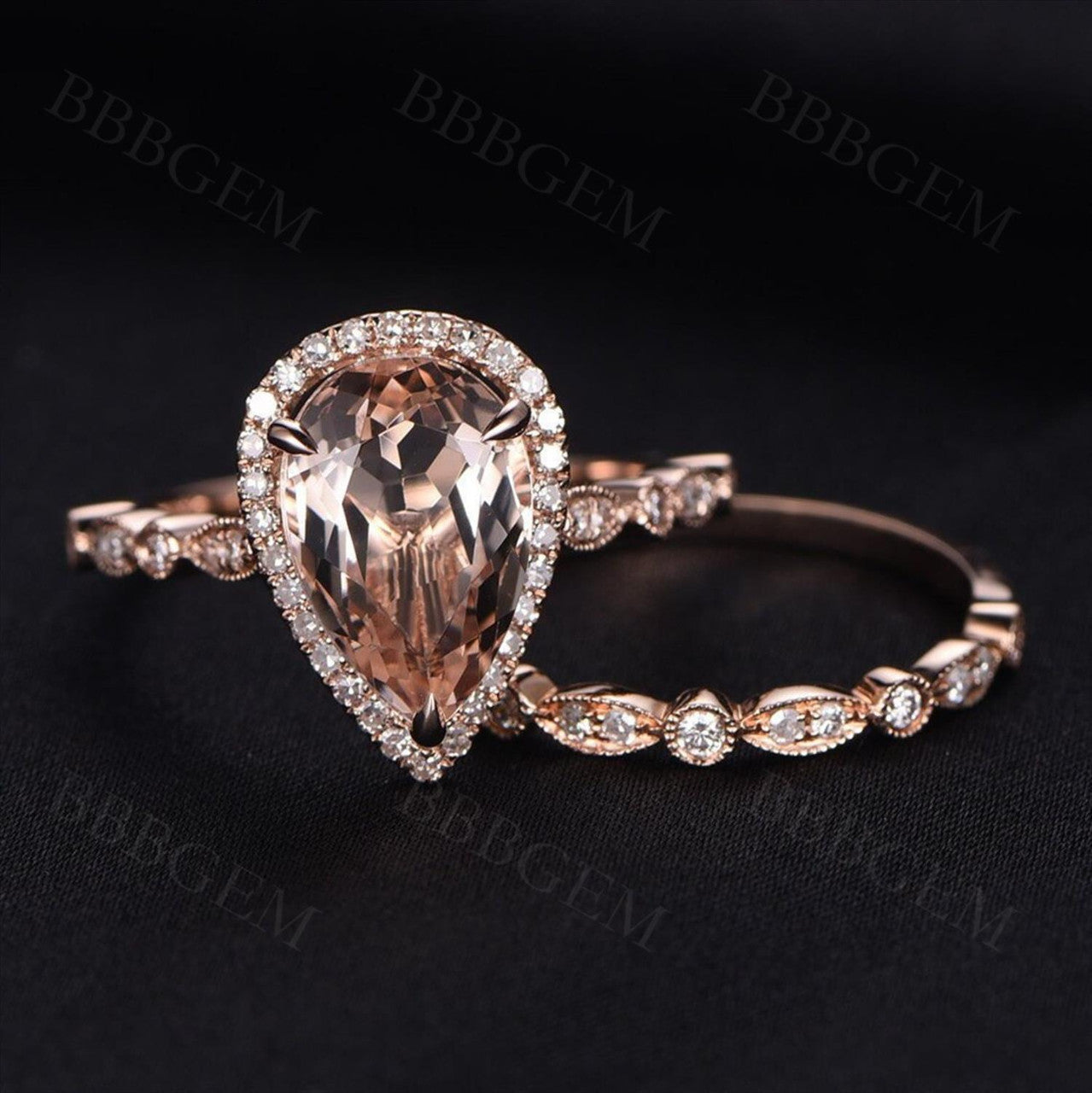 Female 8x12mm Teardrop Rose Gold Natural Morganite Ring Set With Diamond Halo