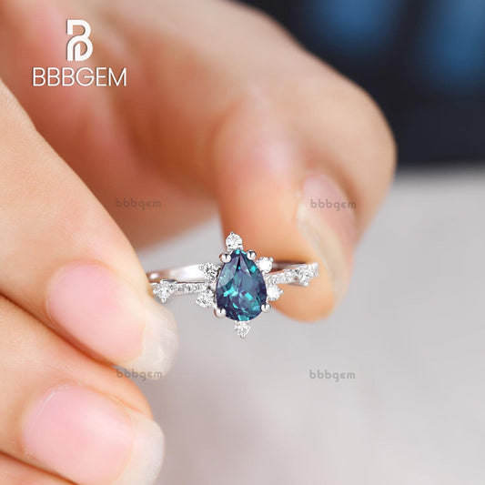 14K/18K Gold 5x7mm Pear Shaped Alexandrite Diamond Engagement Ring Art Deco