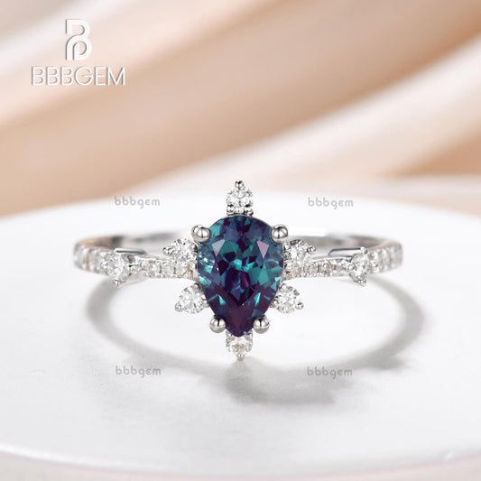 14K/18K Gold 5x7mm Pear Shaped Alexandrite Diamond Engagement Ring Art Deco