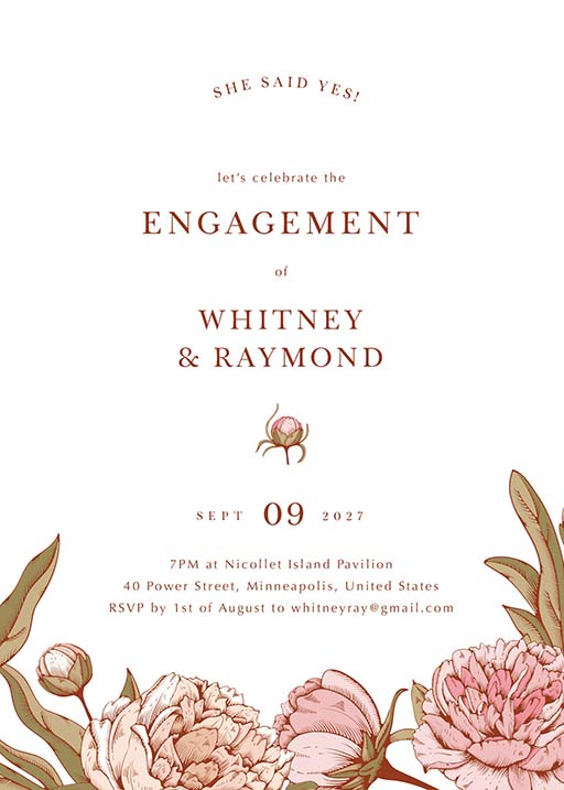 Peony Woodcut Modern Engagement Invitations by Joy