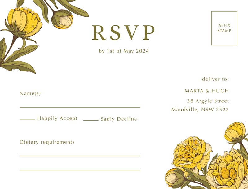 Peony Woodcut Wild RSVP Cards by Joy