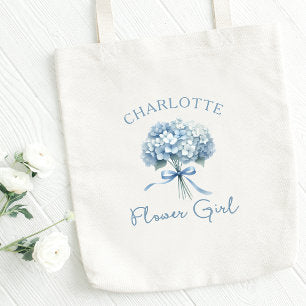 Personalized Blue Hydrangea Bow Floral Flower Girl Tote Bag