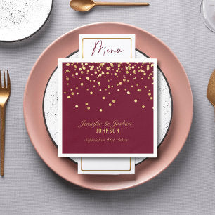 Personalized BURGUNDY Red Gold Confetti Wedding Napkins