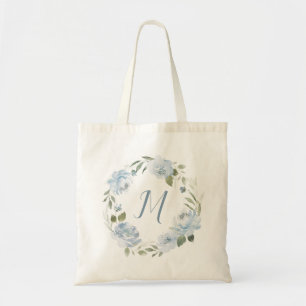 Personalized dusty blue floral monogram tote bag
