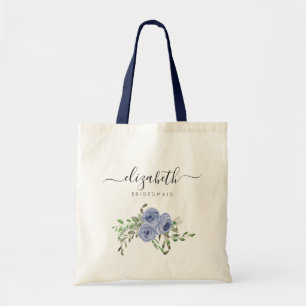 Personalized Elegant Floral Navy Blue Bridesmaid Tote Bag