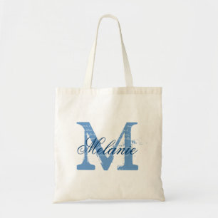 Personalized monogram tote bag blue and white