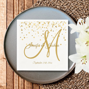 Personalized White Gold Confetti MONOGRAM Wedding Paper Napkins
