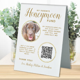 Pet Wedding Dog Photo Gold QR Code Honeymoon Fund Table Tent Sign