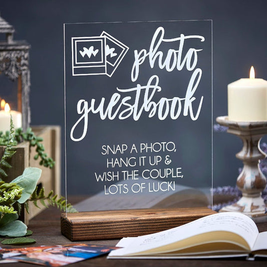 Photo Guest Book Sign Acrylic Wedding Sign with Wood Base (Snap a Photo, Hang it Up)