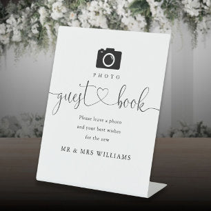Photo Guest Book Black And White Heart Script Pedestal Sign