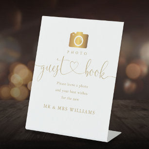 Photo Guest Book Modern Elegant Gold Script Pedestal Sign