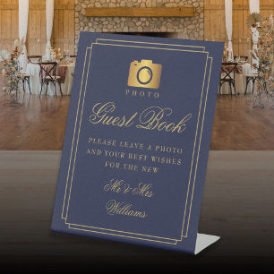 Photo Guest Book Navy Blue And Gold Art Deco Pedestal Sign