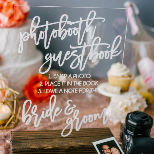 Photobooth Guest Book Acrylic Wedding Sign with Wood Base Photo Guestbook Instructions