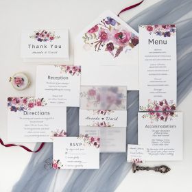 Pink And Purple Floral Wedding Invitation With Vellum Paper And Belly Band Swpi005