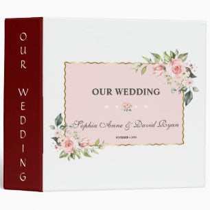 Pink Blush Flowers Gold Frame Wedding Album 3 Ring Binder