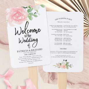 Pink Blush Roses Floral Watercolor Wedding Program Hand Fan