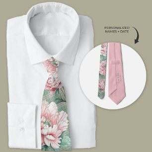 Pink Peony and Plaid Floral Groomsmen Neck Tie