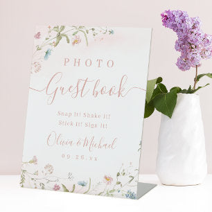 Pink Wildflower rustic Wedding Photo Guest Book Pedestal Sign