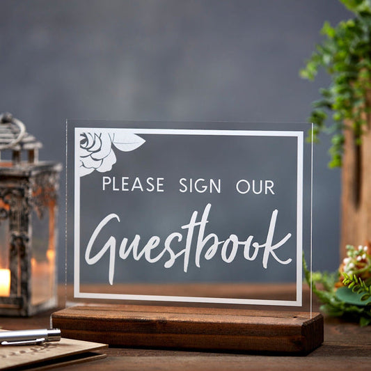 Please Sign Our Guestbook Floral Outline Acrylic Sign