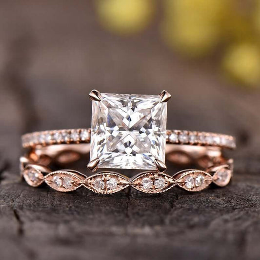2 Carat Princess Cut Moissanite Engagement Ring Set Rose Gold Accent Diamond
