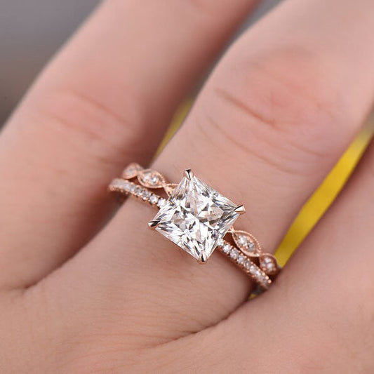 2 Carat Princess Cut Moissanite Engagement Ring Set Rose Gold Accent Diamond