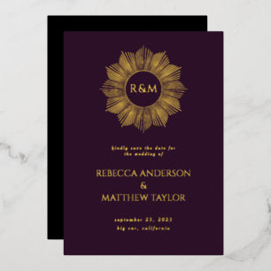 Purple Boho Celestial Sun Monogram Save Date Foil Invitation