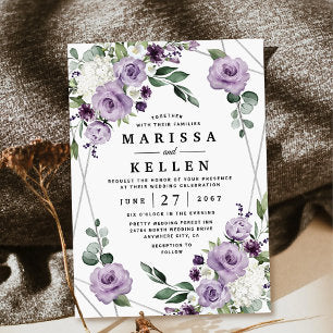 Purple Floral and Silver Geometric Elegant Wedding Invitation