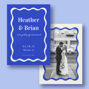 Retro Blue Wavy Squiggle Photo Wedding Save The Date