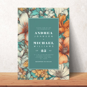 Retro Floral Vintage Botanical Teal Orange Wedding Invitation