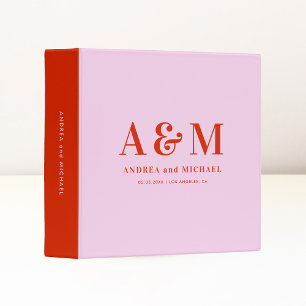 Retro Pink and Red Bold Monogram Seventies Wedding 3 Ring Binder
