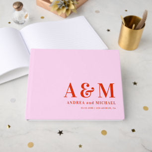 Retro Pink and Red Bold Monogram Seventies Wedding Guest Book