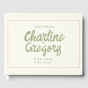 Retro Pink Green Handwriting Wedding Guest Book