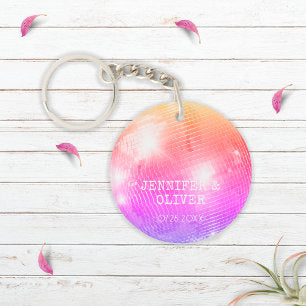 Retro Purple Pink Disco Ball Photo Wedding Favor Keychain