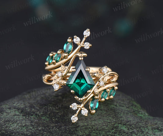 Kite Cut Emerald Leaf Engagement Ring Set Twig Nature Inspired 14k Yellow Gold Diamond Enhancer Wedding Band Bridal Set