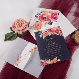 Romantic Navy Blue And Floral Coral Wedding Invitation With Vellum Paper Pocket And Belly Band Swpi014