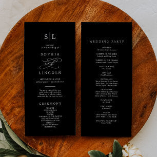 Romantic Calligraphy Dark Black Monogram Wedding Program
