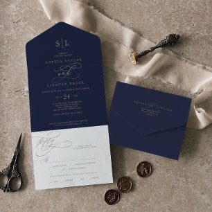 Romantic Gold Calligraphy Navy Monogram Wedding All In One Invitation