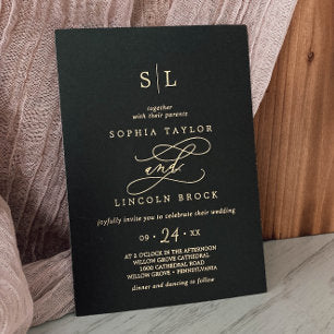 Romantic Gold Foil Black Monogram Wedding Foil Invitation