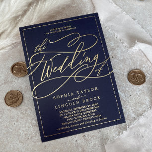 Romantic Gold Foil Navy Blue Frame Wedding Foil Invitation