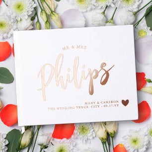 Romantic Gold Heart Last Name in Script Wedding Foil Guest Book