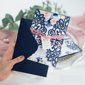 Romantic Navy Blue And Pink Floral Laser Cut Wedding Invitations Swws125
