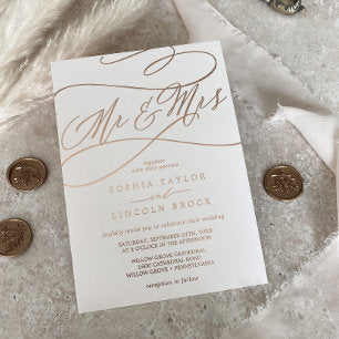 Romantic Rose Gold Foil Blush Mr & Mrs Wedding Foil Invitation