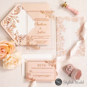 Rose Gold Floral Foiled Vellum Wrapped Acrylic Wedding Invitation Sapv031