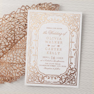 Rose gold elegant ornate romantic vintage wedding foil invitation