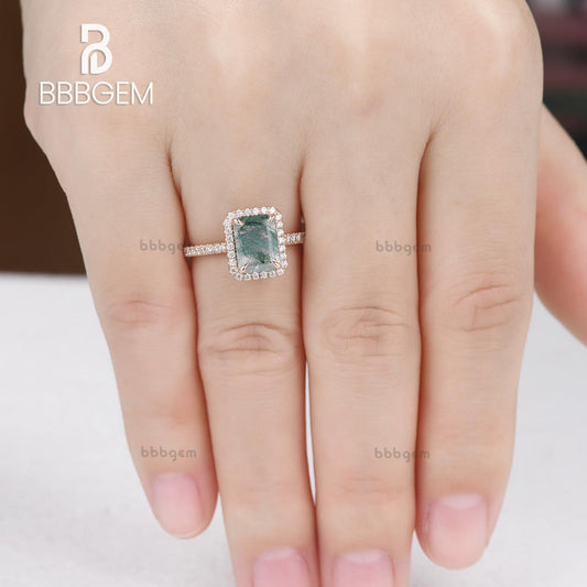 Diamond Halo Emerald Cut Moss Agate Engagement Ring 6x8mm Claw Prongs Moss Green Agate Promise Ring