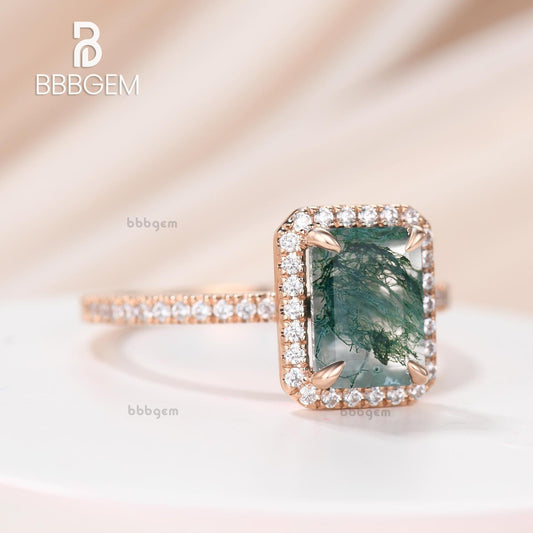 Diamond Halo Emerald Cut Moss Agate Engagement Ring 6x8mm Claw Prongs Moss Green Agate Promise Ring