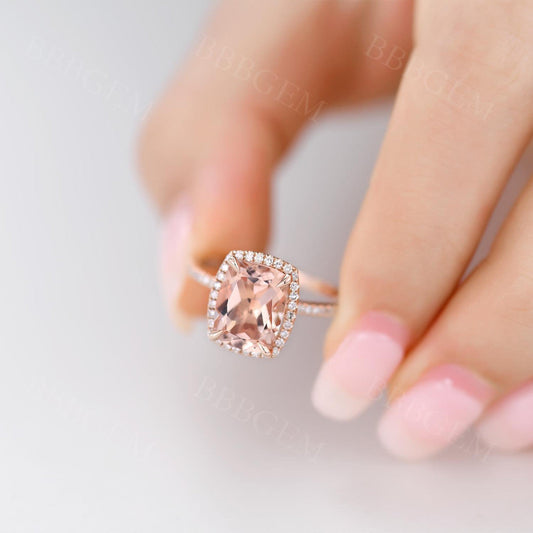 10x8mm Cushion Cut Natural Peach Morganite Engagement Ring Rose Gold
